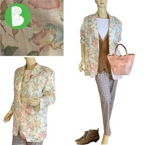 JESSICA SCOTT VINTAGE 1990'S BEIGE, PINK AND BLUE FLORAL PRINT BLAZER (M)